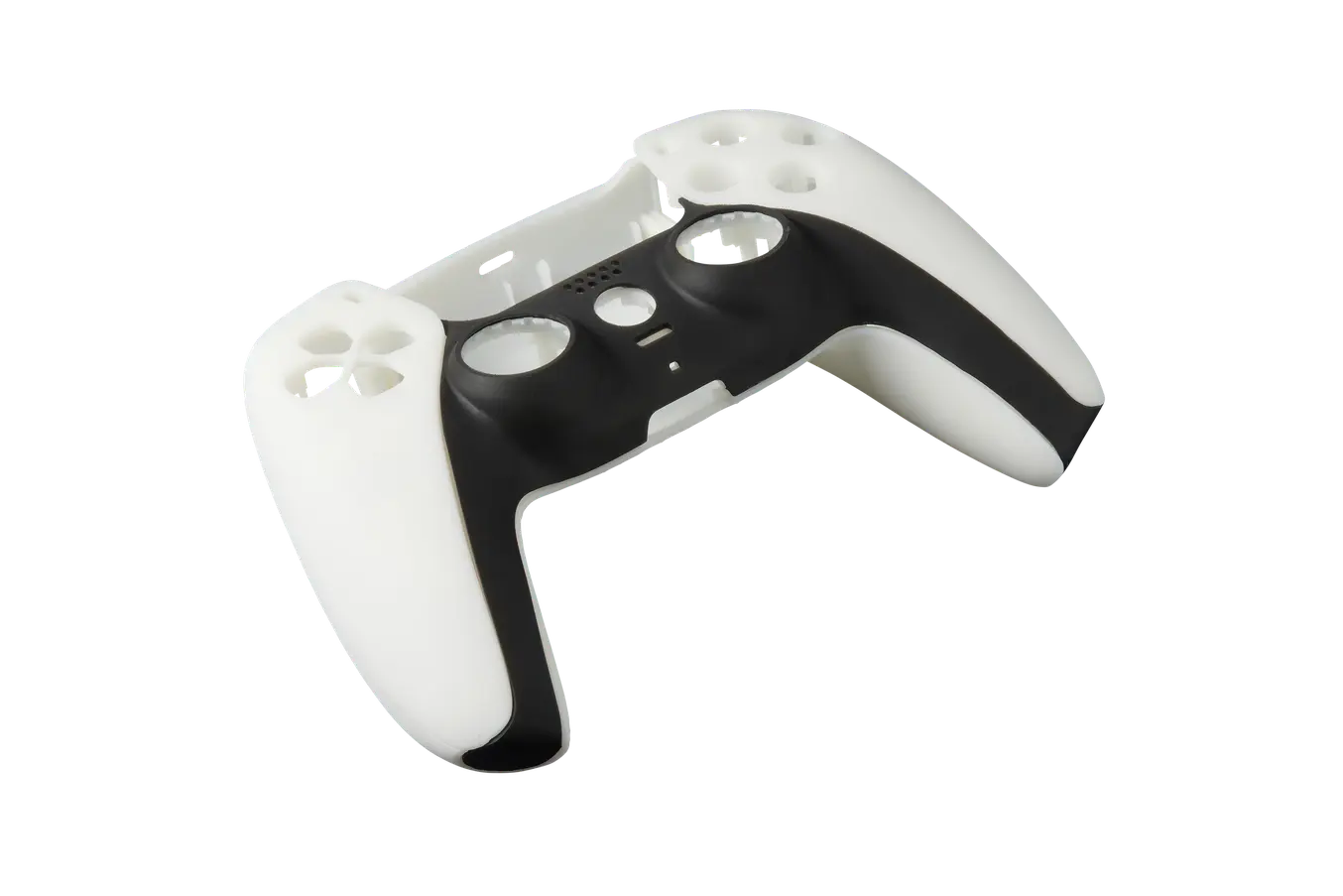 A three-piece gaming controller prototype assembly, 3D printed in two different materials for contrasting colors.