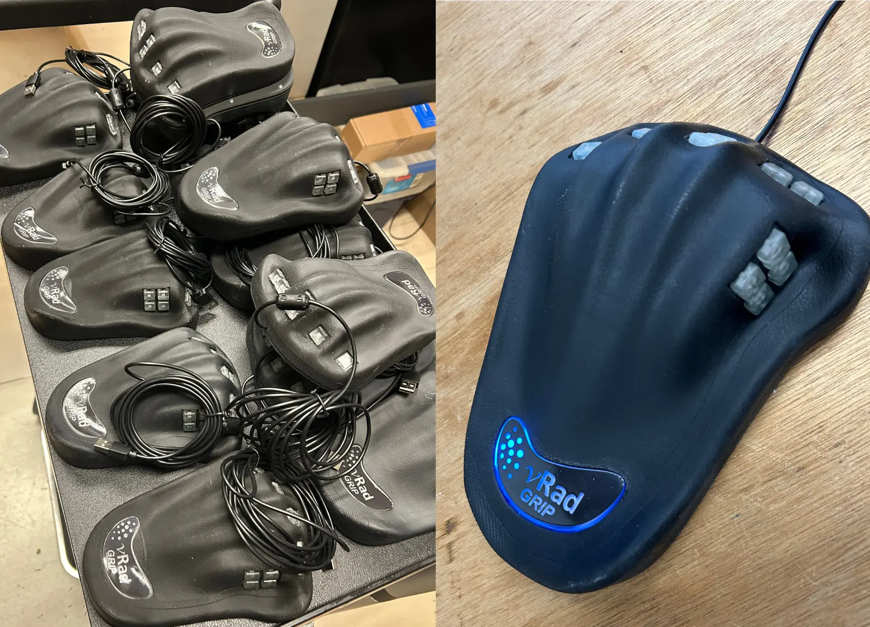 Black devices that look like highly-customized and specialized computer mice