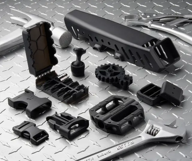 Various dark grey 3D printed parts