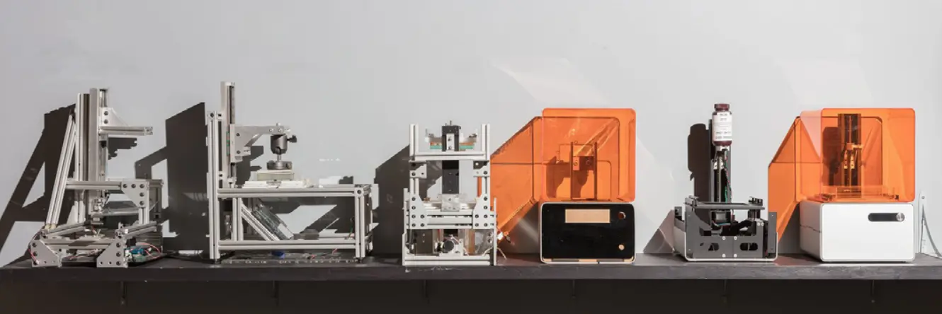 Prototypes of the Form 1, the first desktop SLA 3D printer.